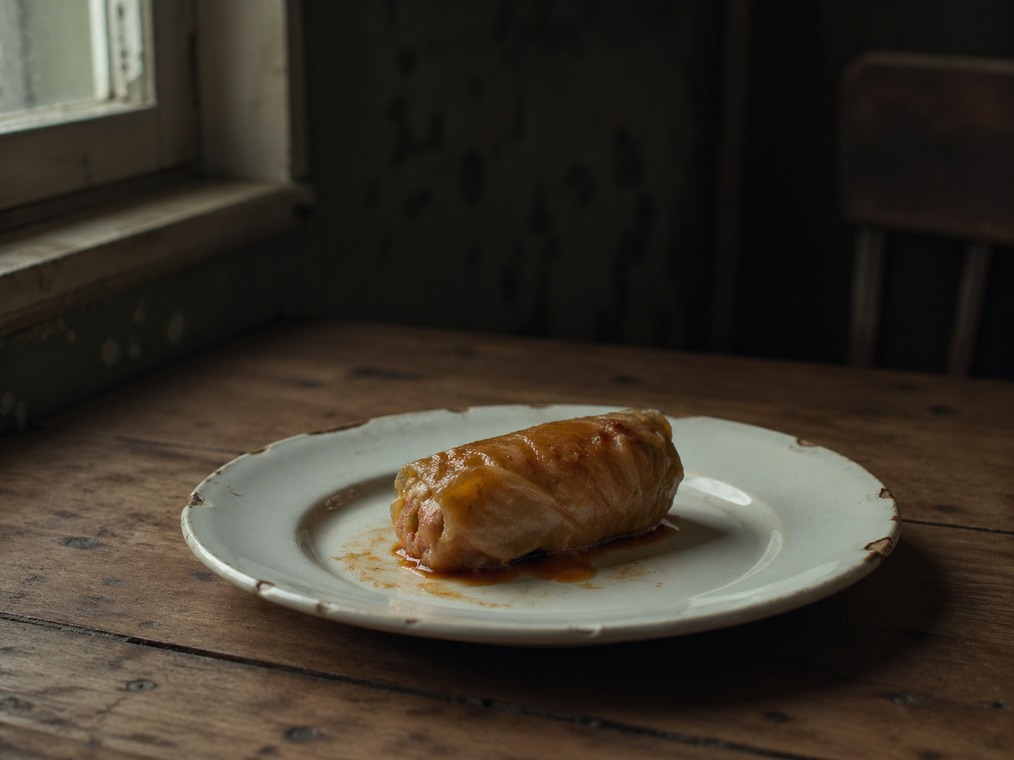 Sarmală pe farfurie albă, lumină rece de fereastră